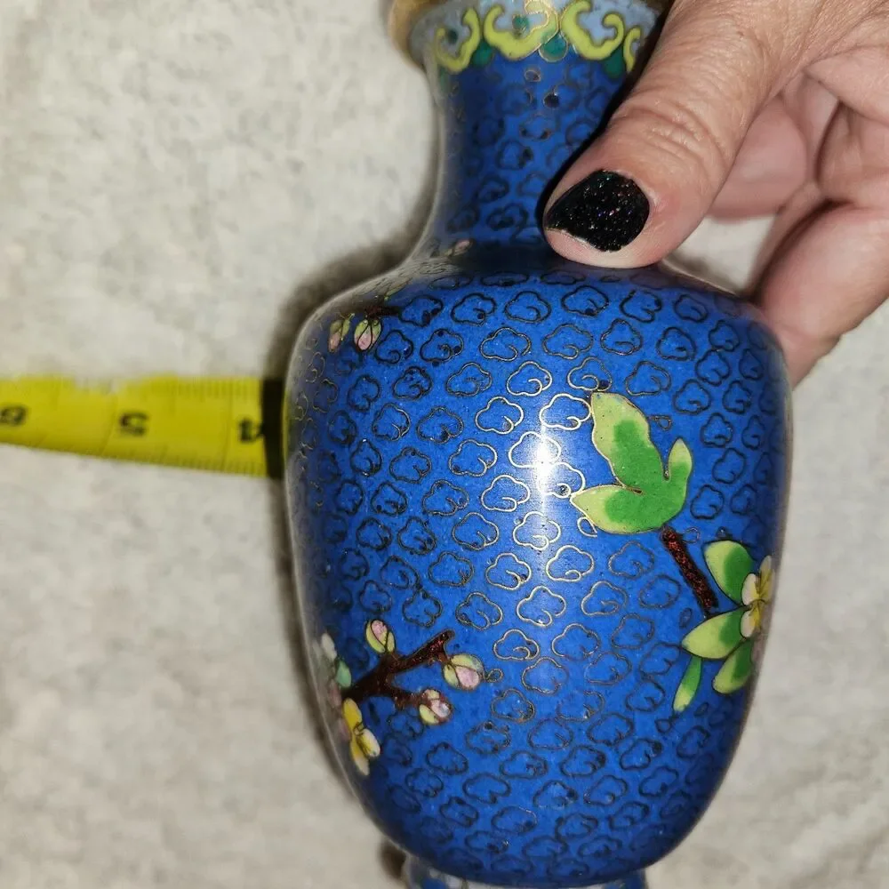 Vintage Chinese Cloisonne Enamel Floral Cherry Blossom Brass Vase Cobalt Blue